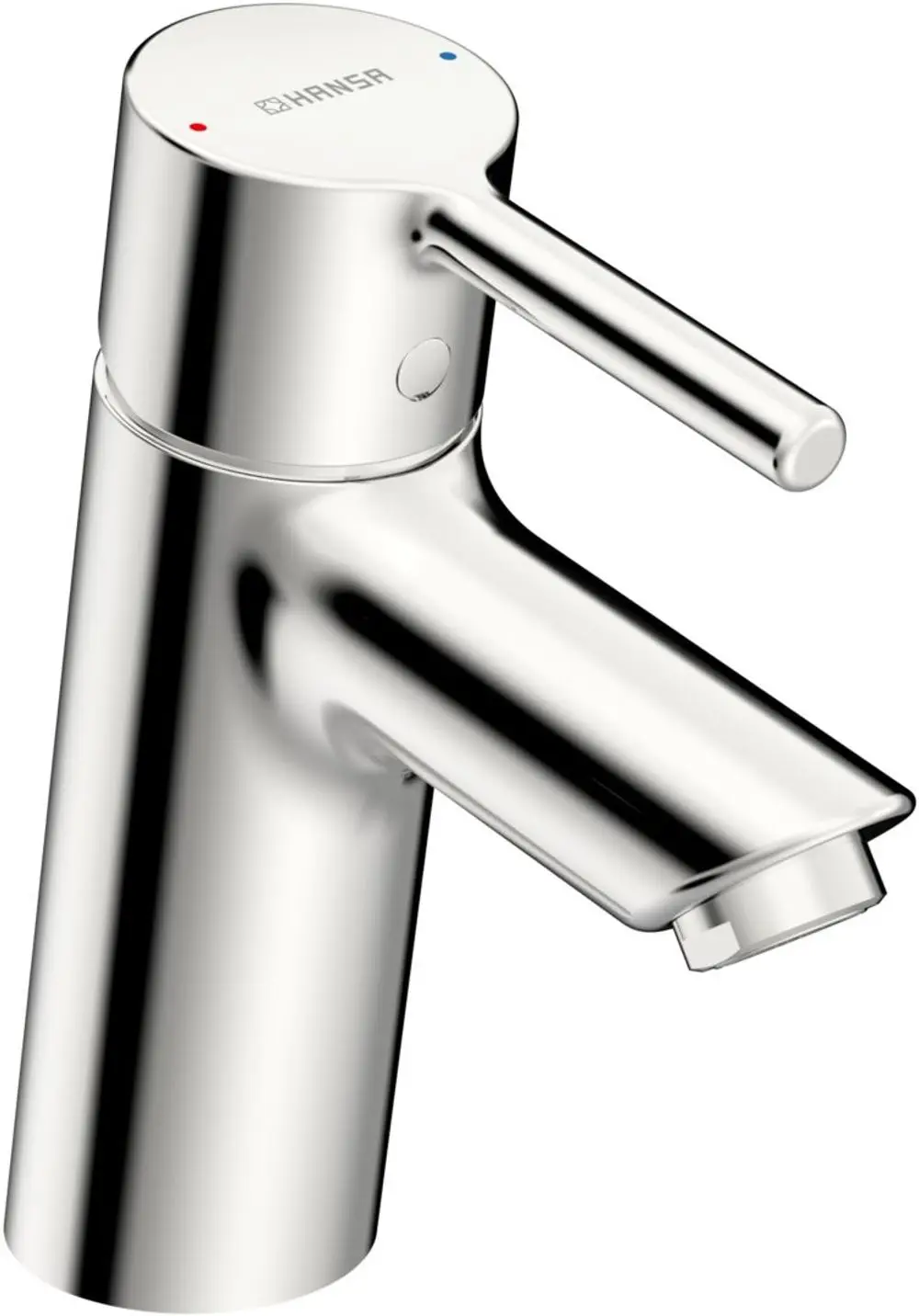 Waschtischarmatur mit einem chromierten Finish und einem Pinhebel zum Regulieren des Wasserflusses, Marke HANSA.